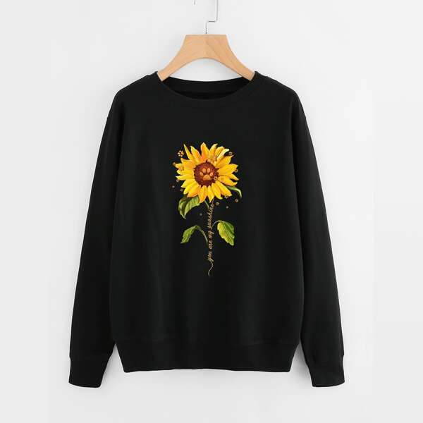 

Sunflower And Slogan Graphic Sweatshirt, Black