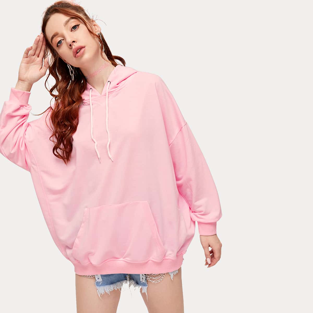 

Kangaroo Pocket Drawstring Hooded Sweatshirt, Baby pink