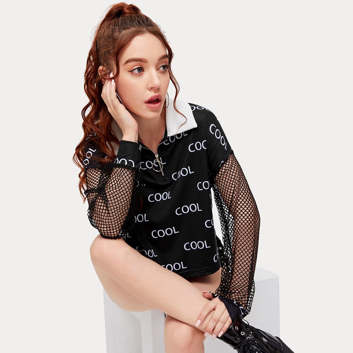 

Zipper Front Fishnet Mesh Sleeve Letter Graphic Pullover, Black