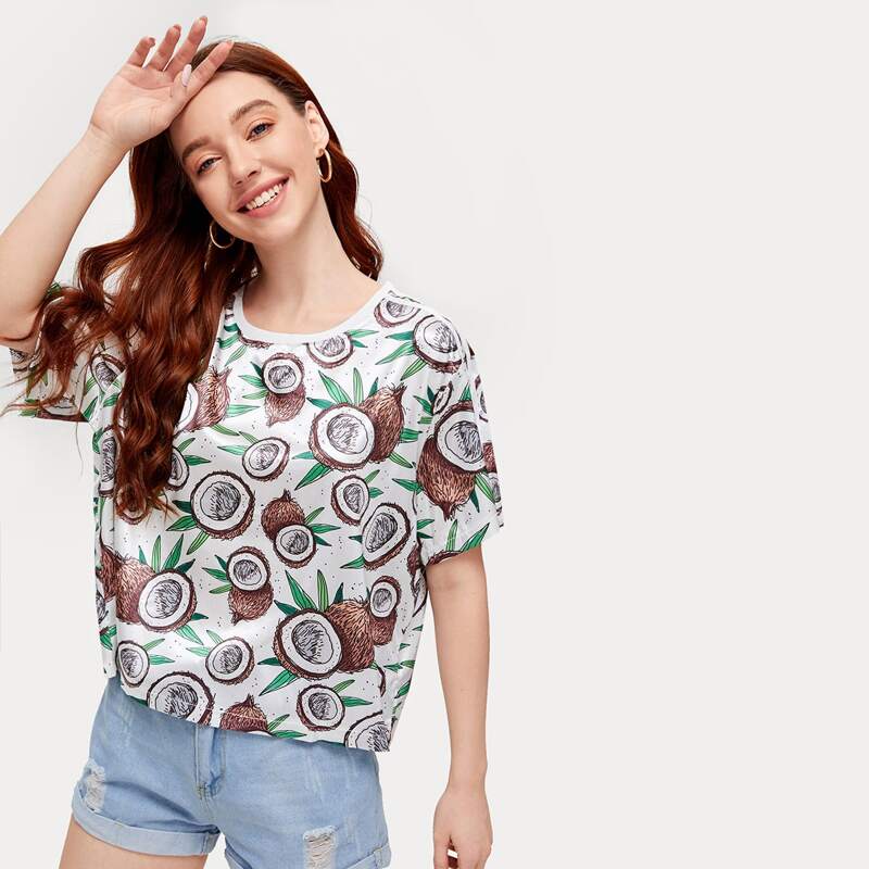 

Drawstring Detail Allover Fruit Print Satin Crop Top, Multicolor