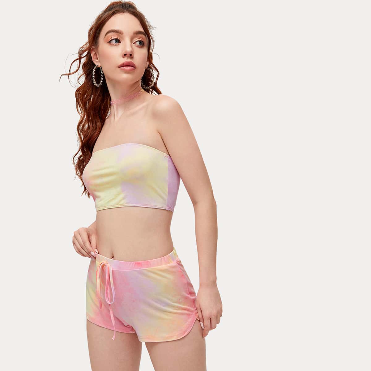 

Tie Dye Tube Top & Tie Waist Shorts Set, Multicolor
