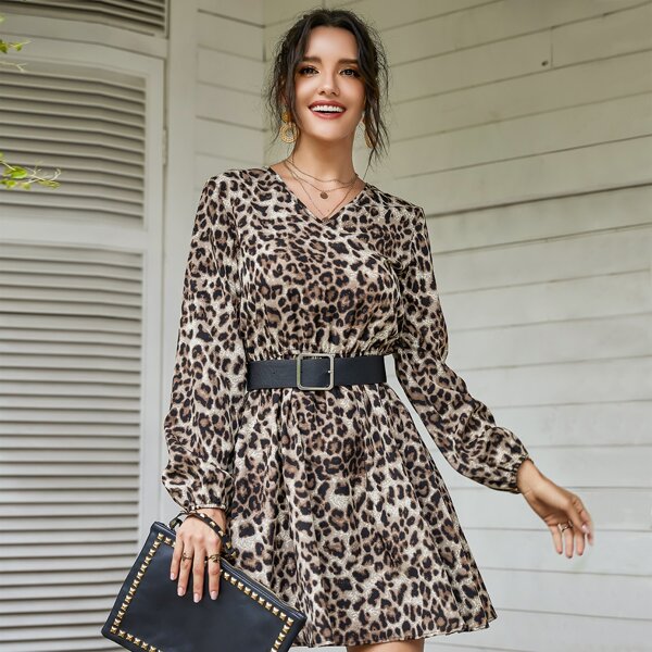 

V-neck Leopard Print A-line Dress Without Belt, Multicolor