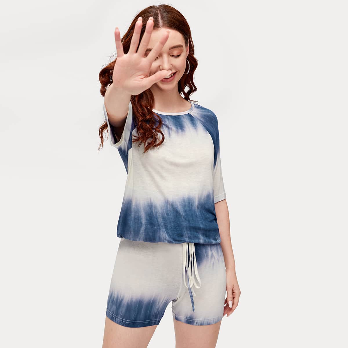 

Tie Dye Raglan Sleeve Tee & Biker Shorts, Blue and white