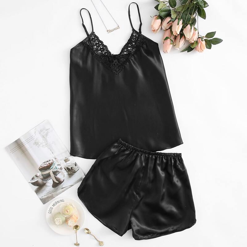 

Lace Trim Satin PJ Set, Black
