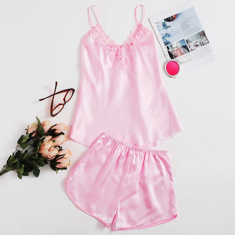 

Lace Trim Satin PJ Set, Pastel baby pink