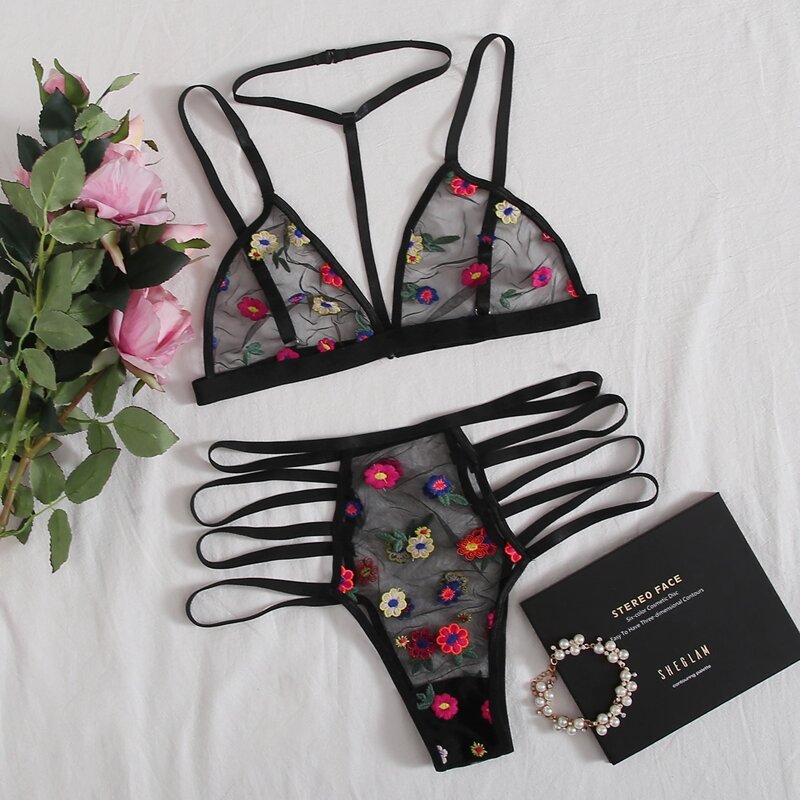 

Floral Embroidered Choker Lingerie Set, Black