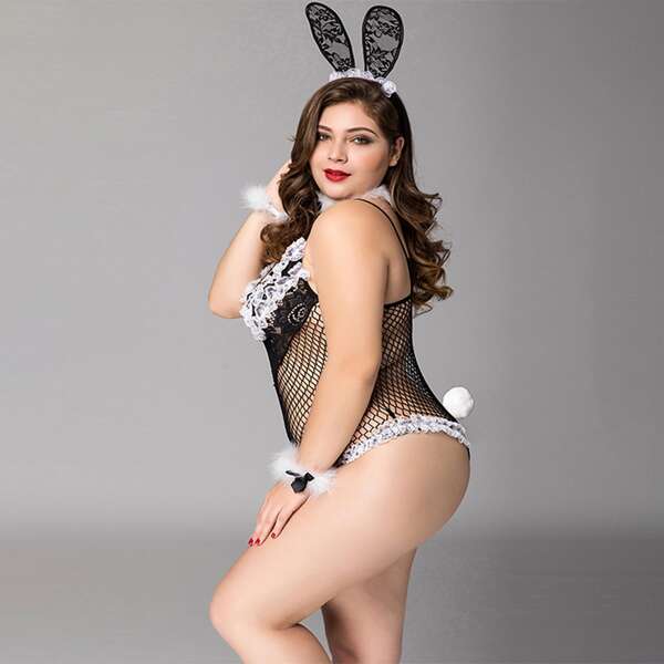 

4pack Plus Floral Lace Fishnet Teddy Bodysuit, Black