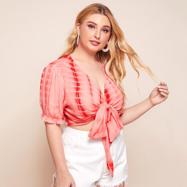 

Plus Puff Sleeve Tie Dye Knotted Hem Top, Orange bright