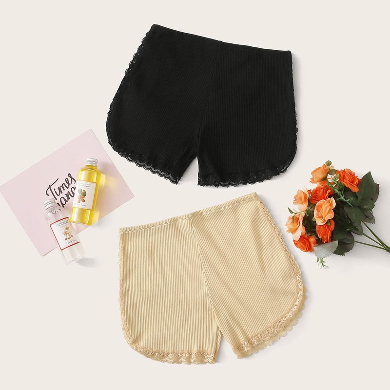 

2pack Rib Lace Trim Shortie Set, Multicolor