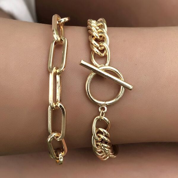 

2pcs Simple Chain Bracelet, Gold