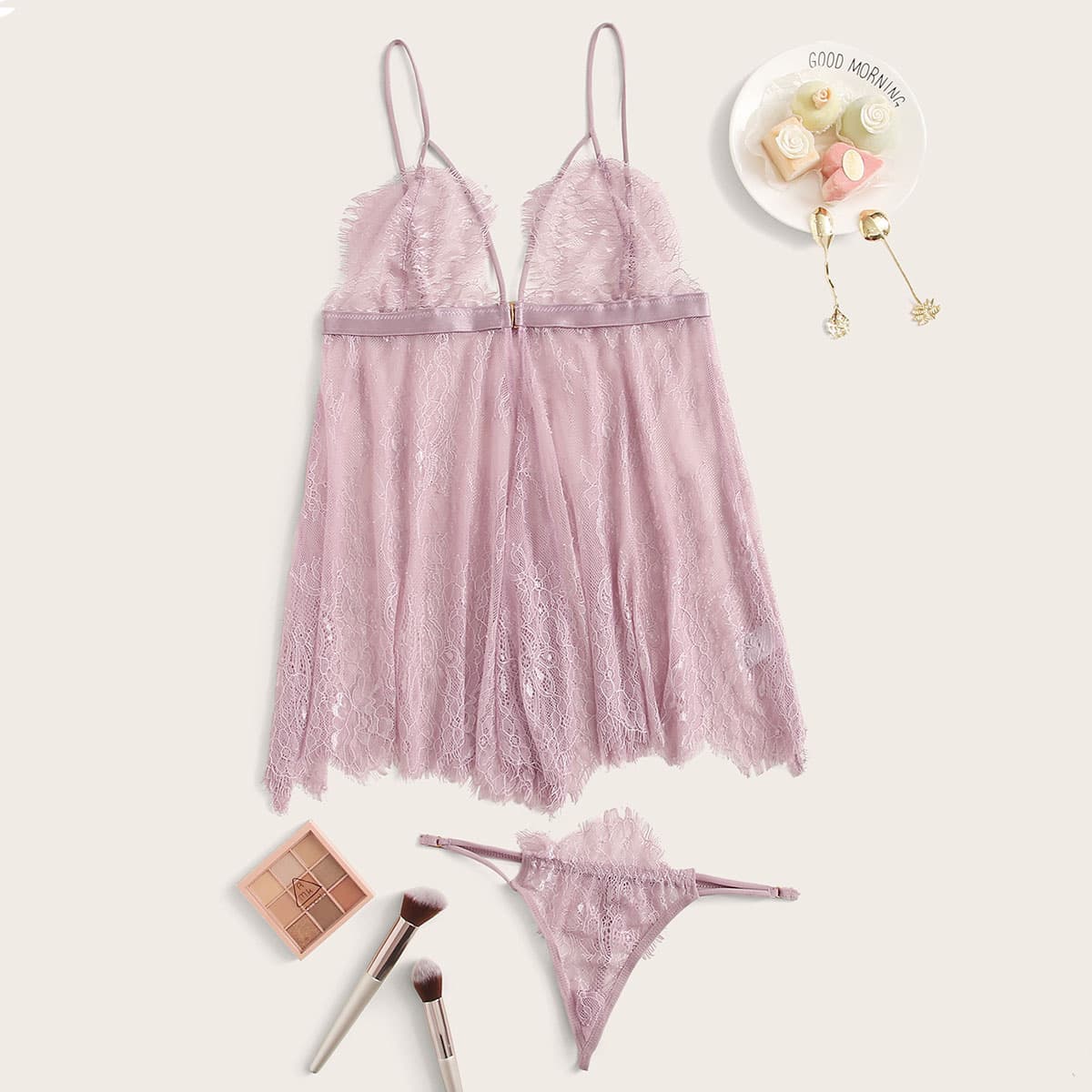 

Floral Lace Harness Slips With Thong, Lilac purple