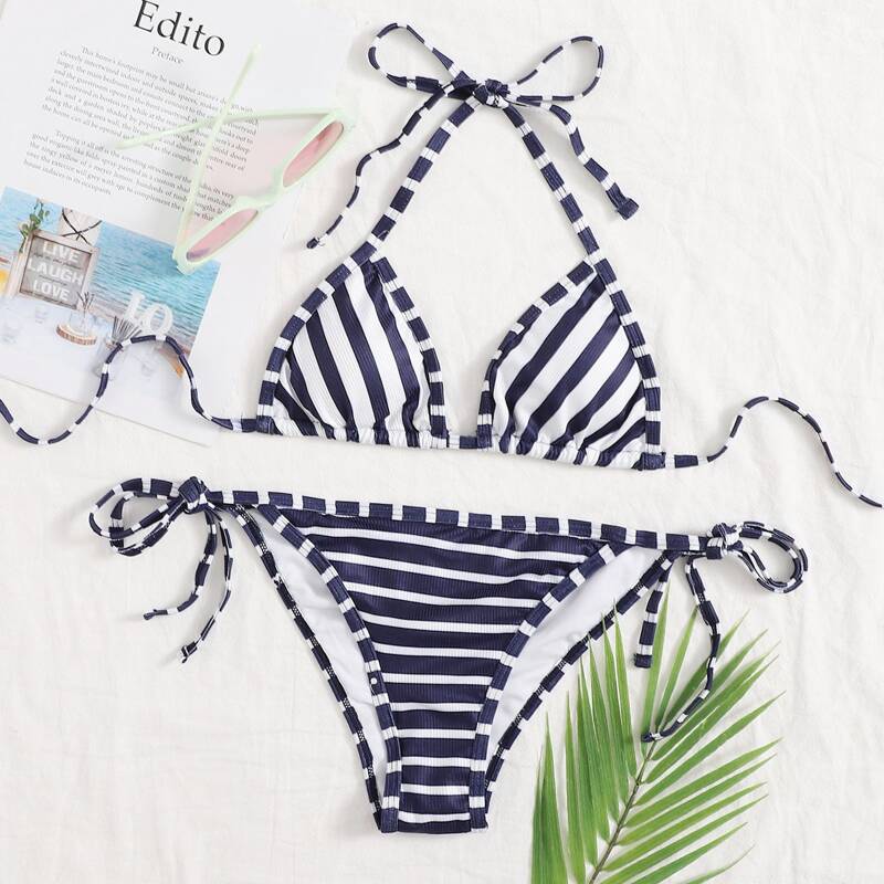 

Stripe Halter Tie Side Bikini Swimsuit, Blue and white