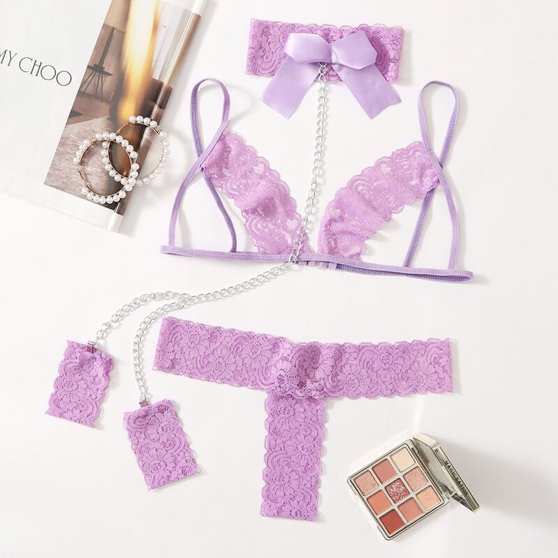 

Cut-out Lace Lingerie Set & Choker & Cuffs, Pastel lilac purple