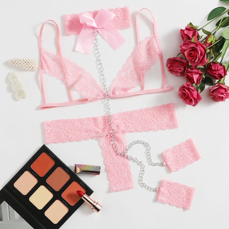 

Cut-out Lace Lingerie Set & Choker & Cuffs, Pastel baby pink