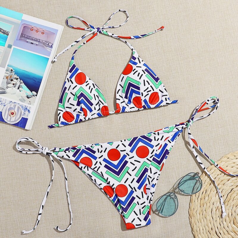 

Geometric Triangle Tie Side Bikini Swimsuit, Multicolor