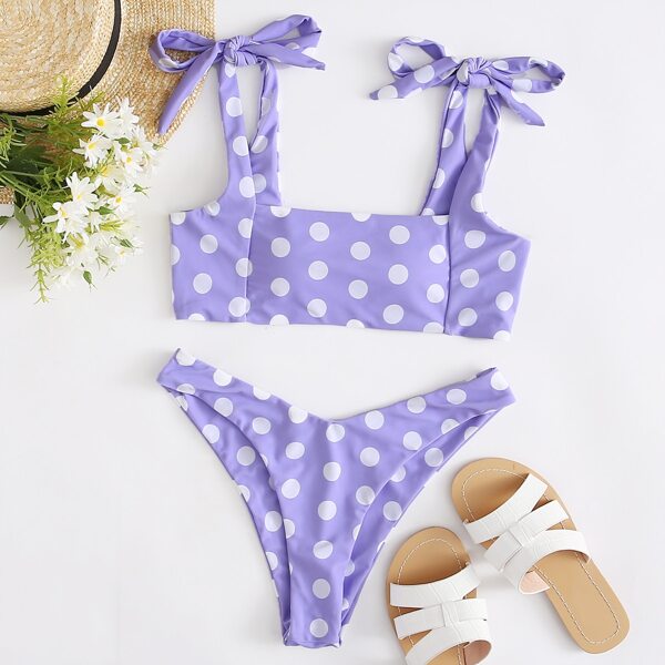 

Polka Dot Tie Shoulder Bikini Swimsuit, Lilac purple