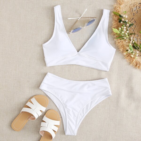 

V Neck High Waisted Bikini Swimsuit, White