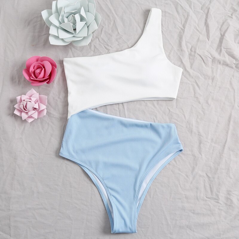

Two Tone Rib Cut-out One Shoulder One Piece Swimsuit, Blue and white