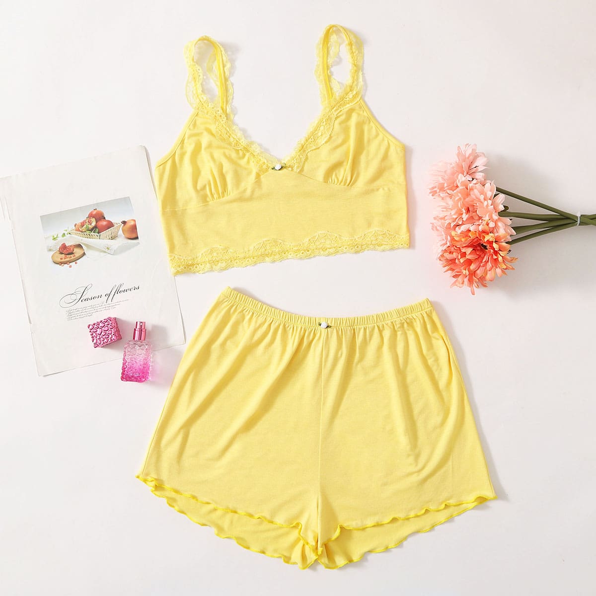 

Lace Trim Cami PJ Set, Yellow bright
