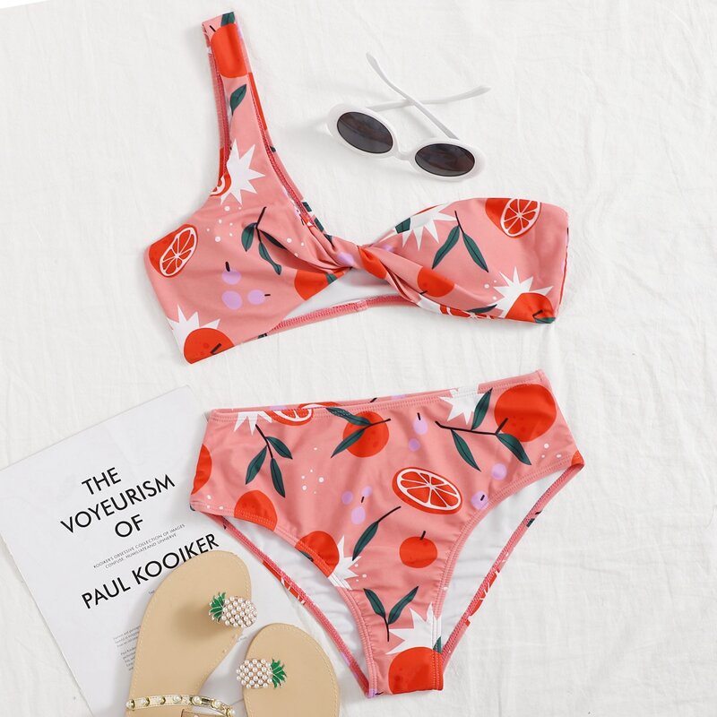 

Orange Twist One Shoulder Bikini Swimsuit, Coral pink