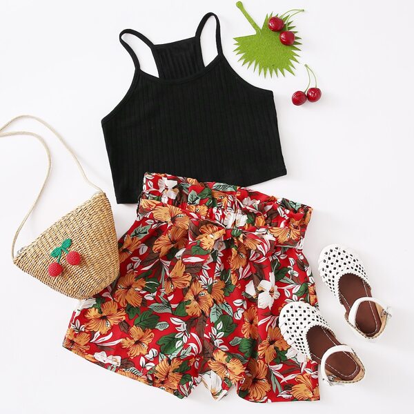 

Girls Rib-knit Cami Crop Top & Paperbag Waist Belted Floral Shorts Set, Multicolor