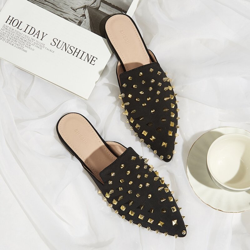 

Spiked Decor Flat Mules, Black