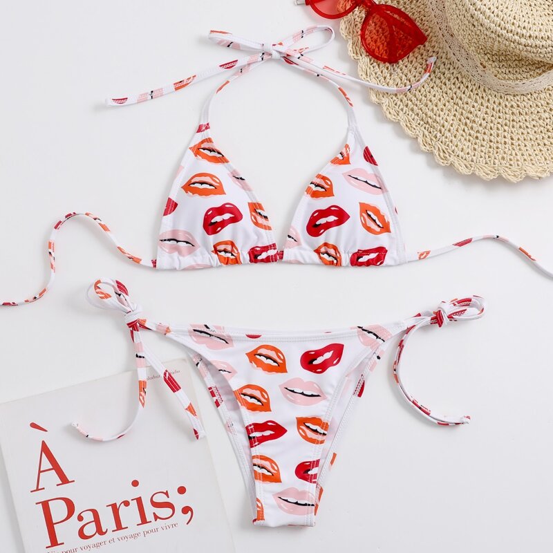 

Mouth Print Triangle Tie Side Bikini Swimsuit, Multicolor