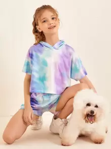 SHEIN 女孩紮染連帽上衣和結飾腰短褲套裝 - 彩色 - 查看 1