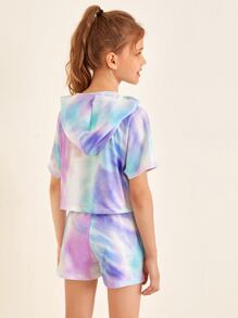 SHEIN 女孩紮染連帽上衣和結飾腰短褲套裝 - 彩色 - 查看 2