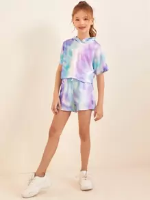 SHEIN 女孩紮染連帽上衣和結飾腰短褲套裝 - 彩色 - 查看 4