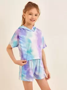 SHEIN 女孩紮染連帽上衣和結飾腰短褲套裝 - 彩色 - 查看 5