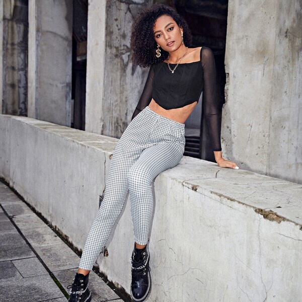 

Elastic Waist Plaid Pants, Black and white
