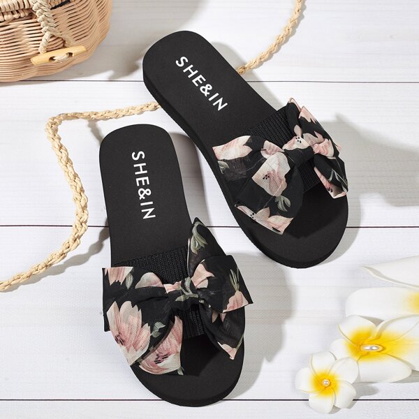 

Bow Decor Floral Graphic Slippers, Pink