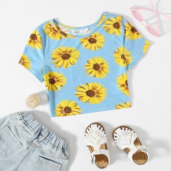 

Girls Sunflower Print Crop Tee, Blue