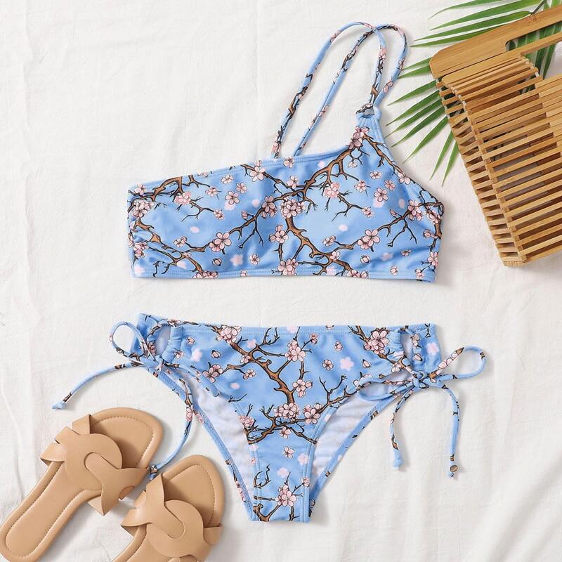 

Floral One Shoulder Tie Side Bikini Swimsuit, Blue