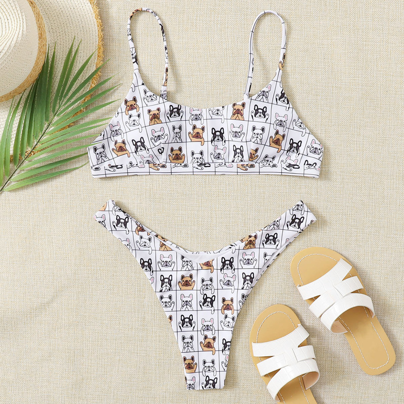 

Cartoon Dog High Leg Bikini Swimsuit, Multicolor