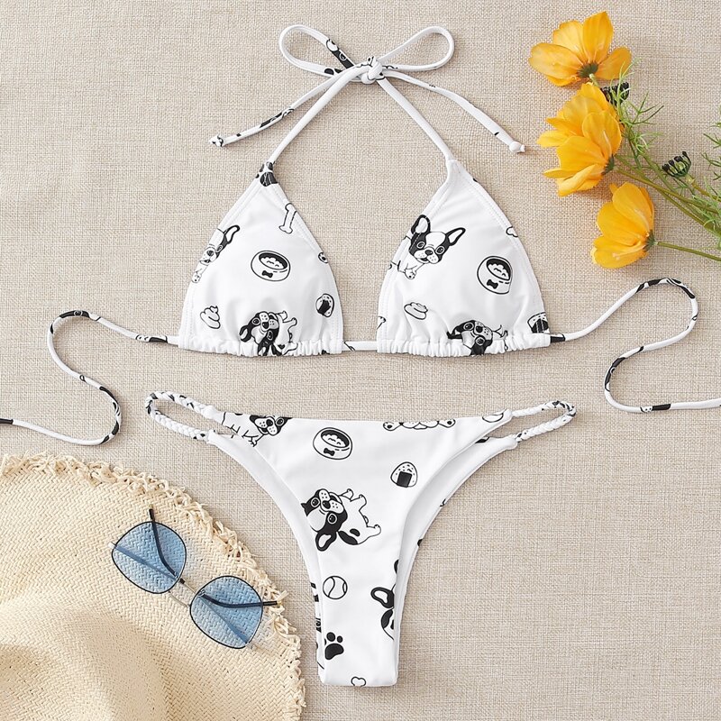 

Cartoon Dog Triangle Tanga Bikini Swimsuit, White