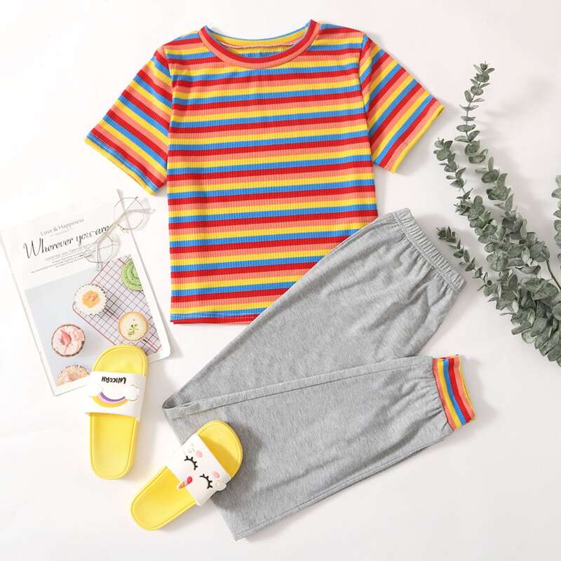 

Rainbow Stripe Tee & Pants PJ Set, Multicolor