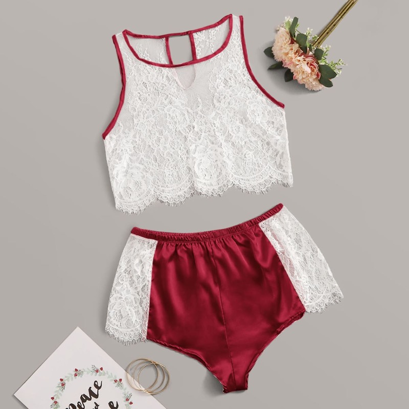 

Scallop Floral Lace & Satin Lingerie Set, Red and white