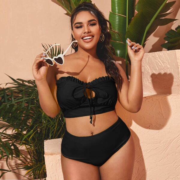 

Plus Frill Tie Front Bandeau Bikini Swimsuit, Black