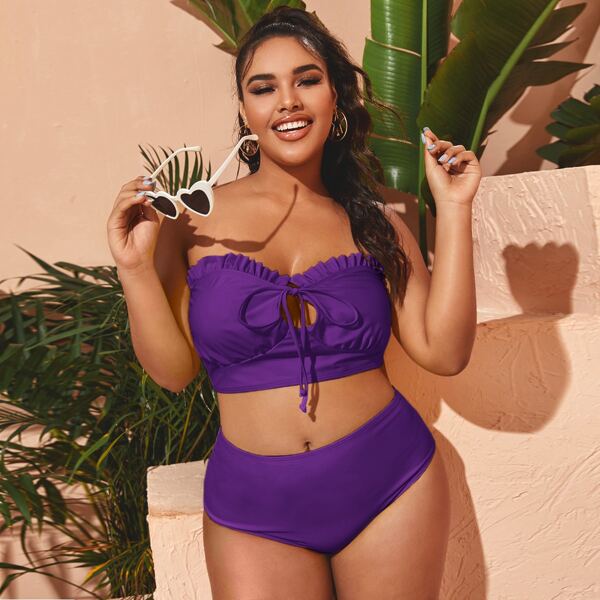 

Plus Frill Tie Front Bandeau Bikini Swimsuit, Violet purple