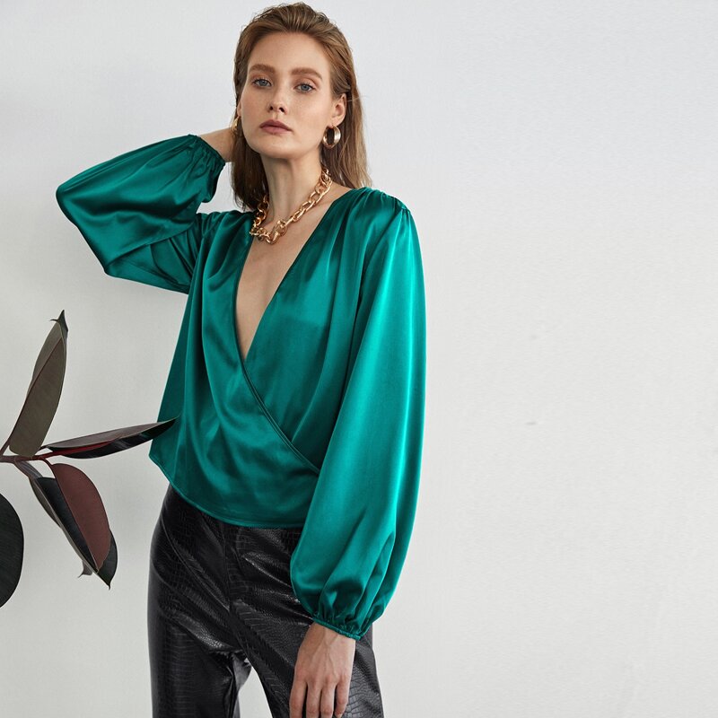 

Surplice Neck Satin Top, Teal blue