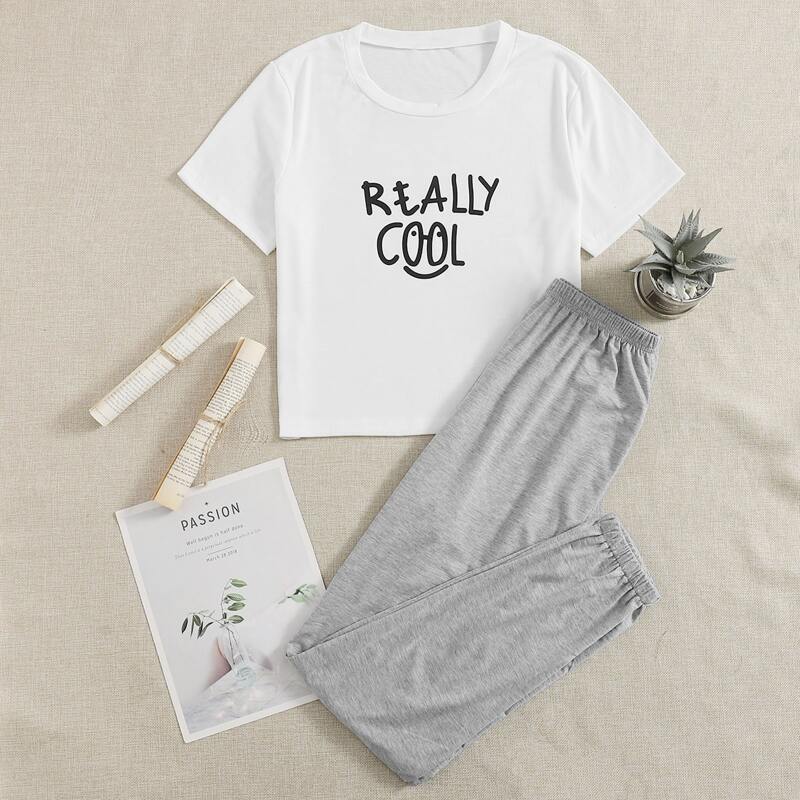 

Letter Print Tee & Pants PJ Set, Multicolor