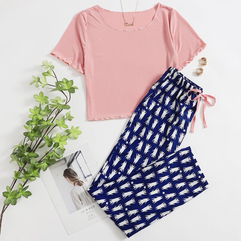 

Ribbed Tee & Cat Print Pants PJ Set, Multicolor