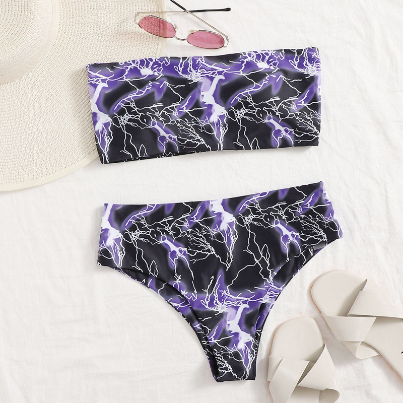 

Lightning Print Bandeau Bikini Swimsuit, Red multicolor