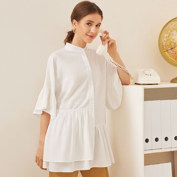 

Solid Button Front Asymmetrical Ruffle Hem Blouse, White