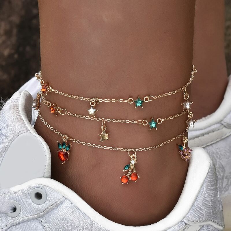 

3pcs Rhinestone Decor Fruit Charm Anklet, Gold