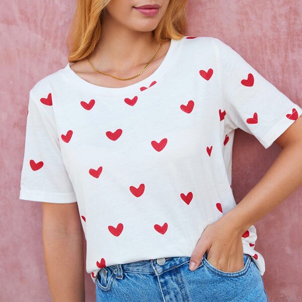 

Heart Print Round Neck Tee, White