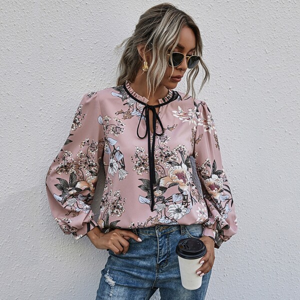 

Floral Print Frill Trim Tie Neck Puff Sleeve Blouse, Pink