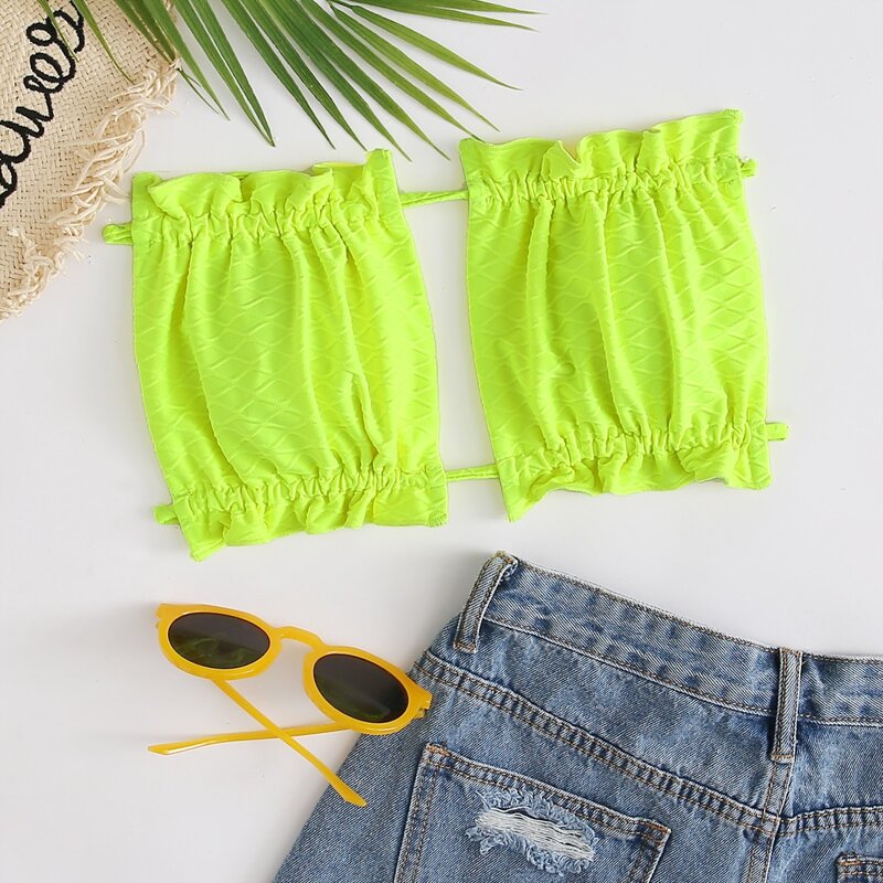 

Neon Lime Frill Bandeau Bikini Top, Neon lime green